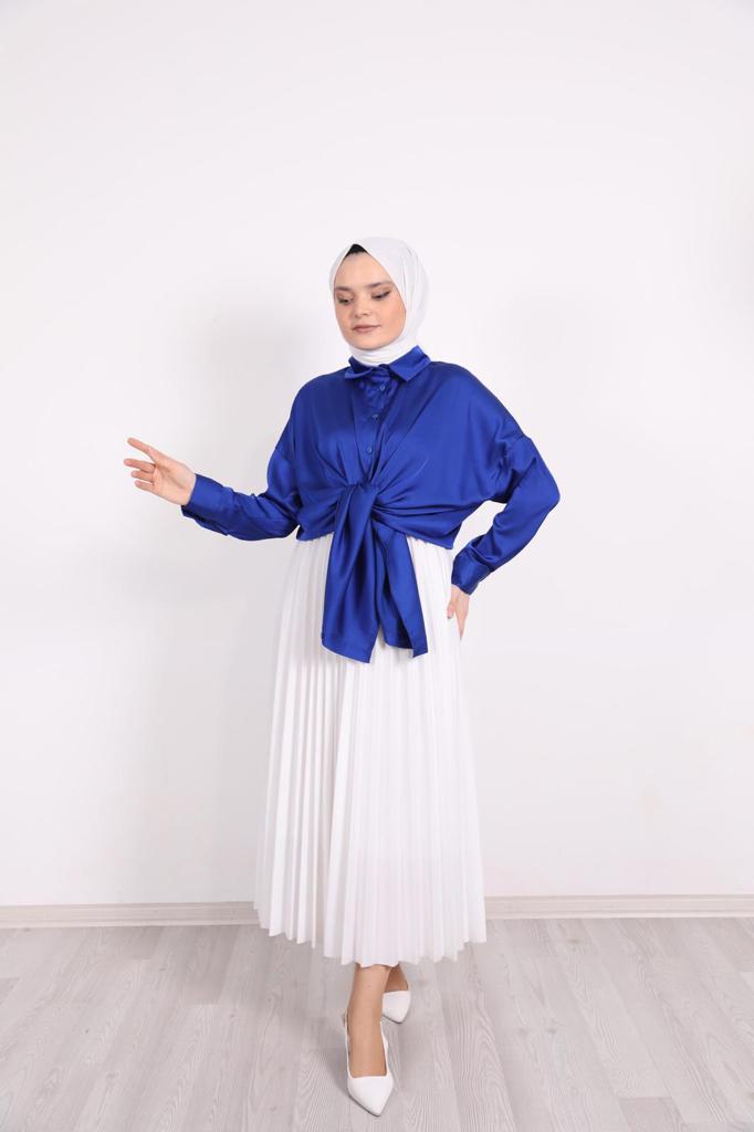 Solid Color Satin Shirt Blue