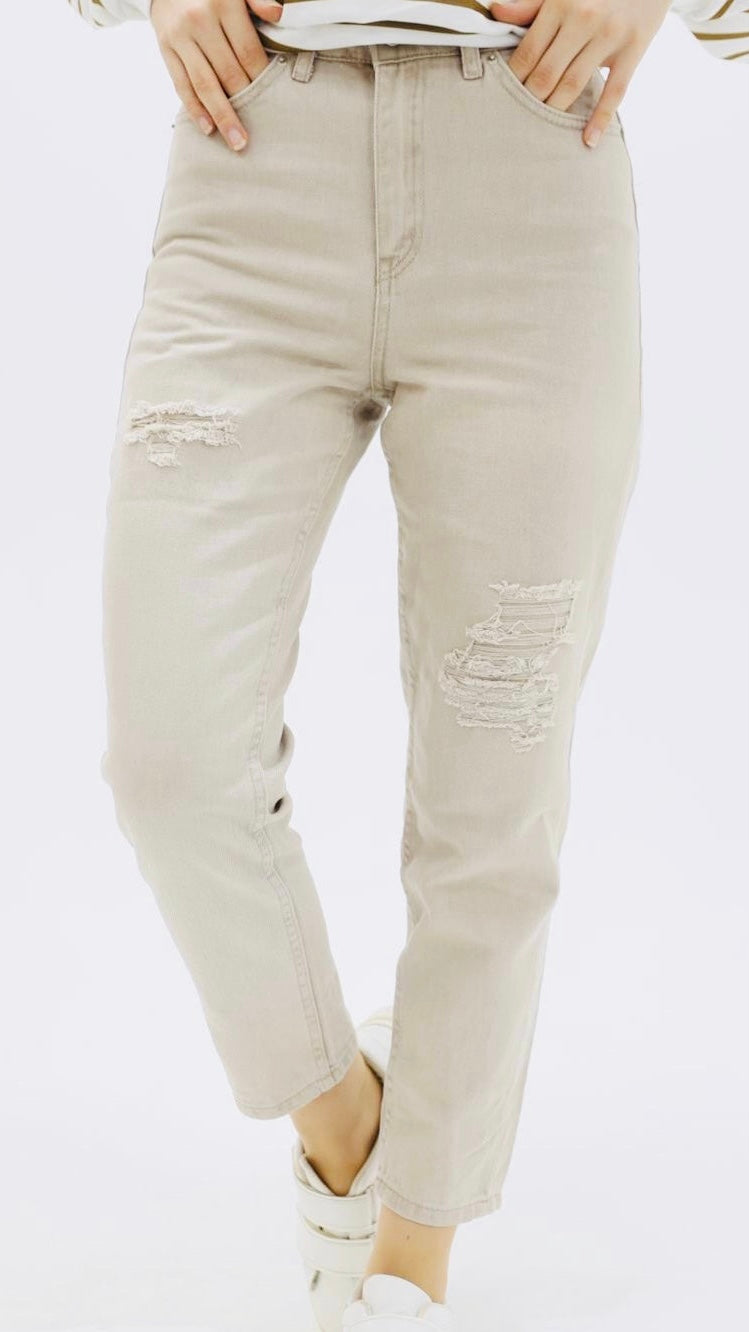 Mom Jean Trousers with Slits at the Knees Beige