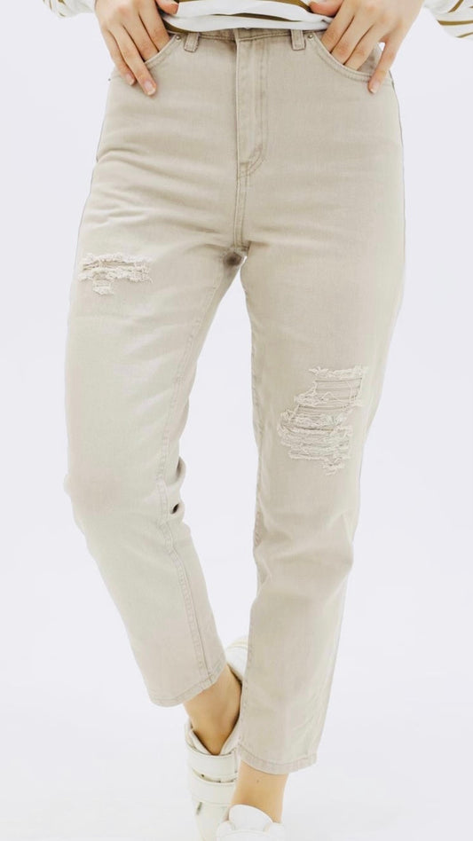 Mom Jean Trousers with Slits at the Knees Beige