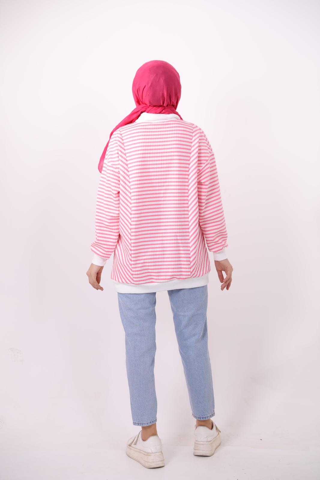 Yakası Çıtçıtlı Çizgili Sweat Pembe