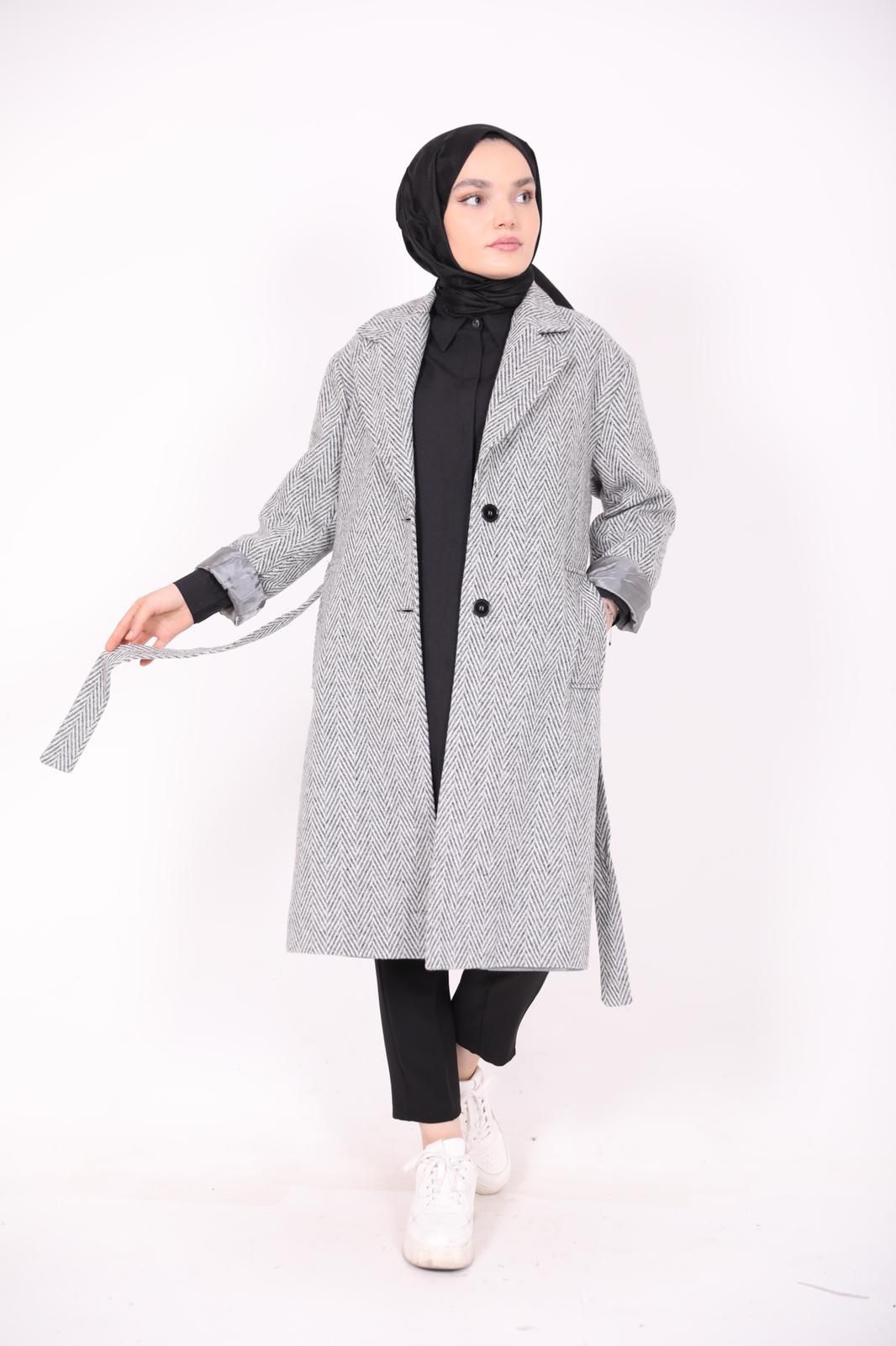 Çizgi Desen Kuşaklı Astarlı Kaban Gri