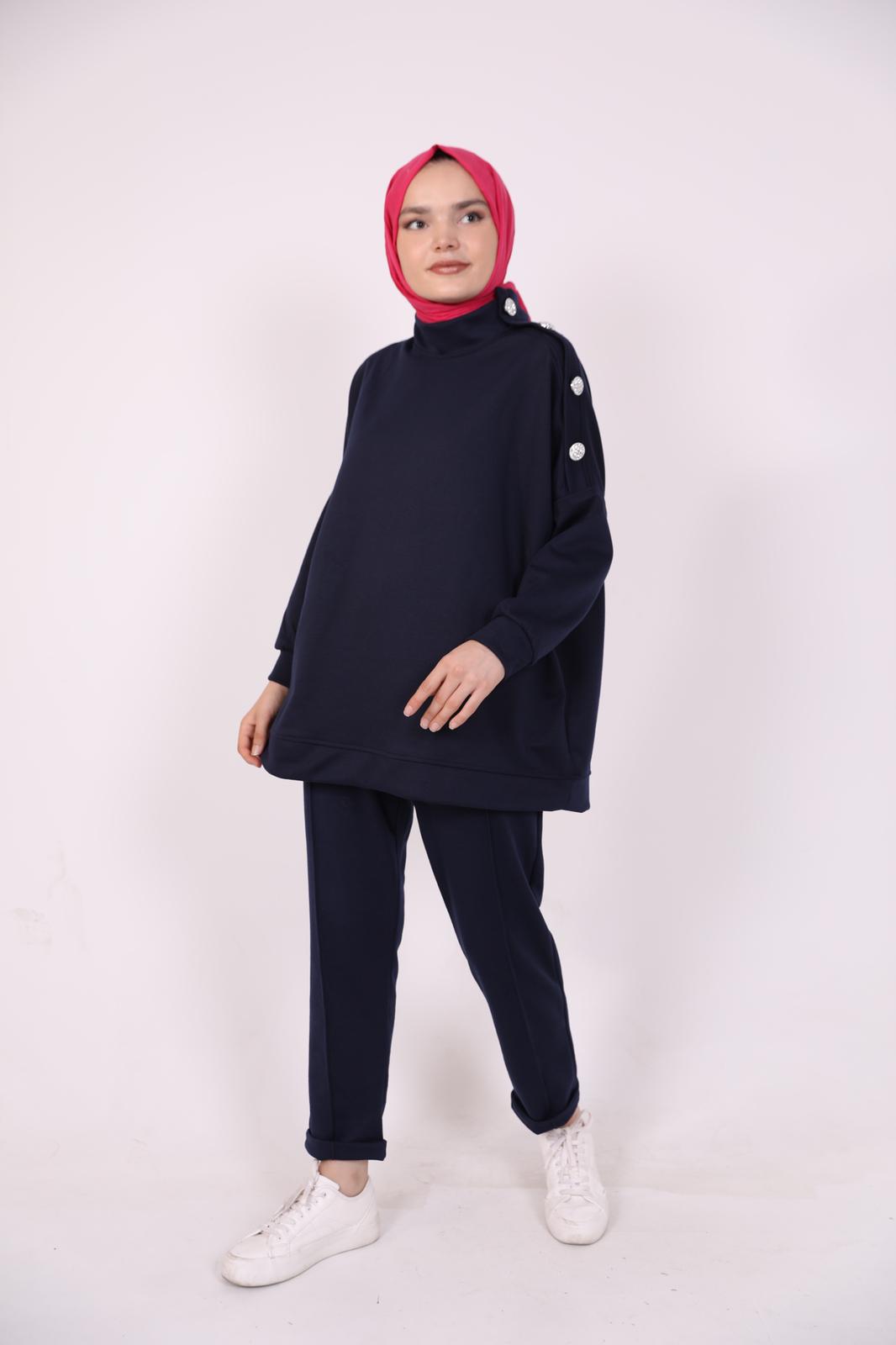 Double Suit with Stones on the Shoulder Navy Blue