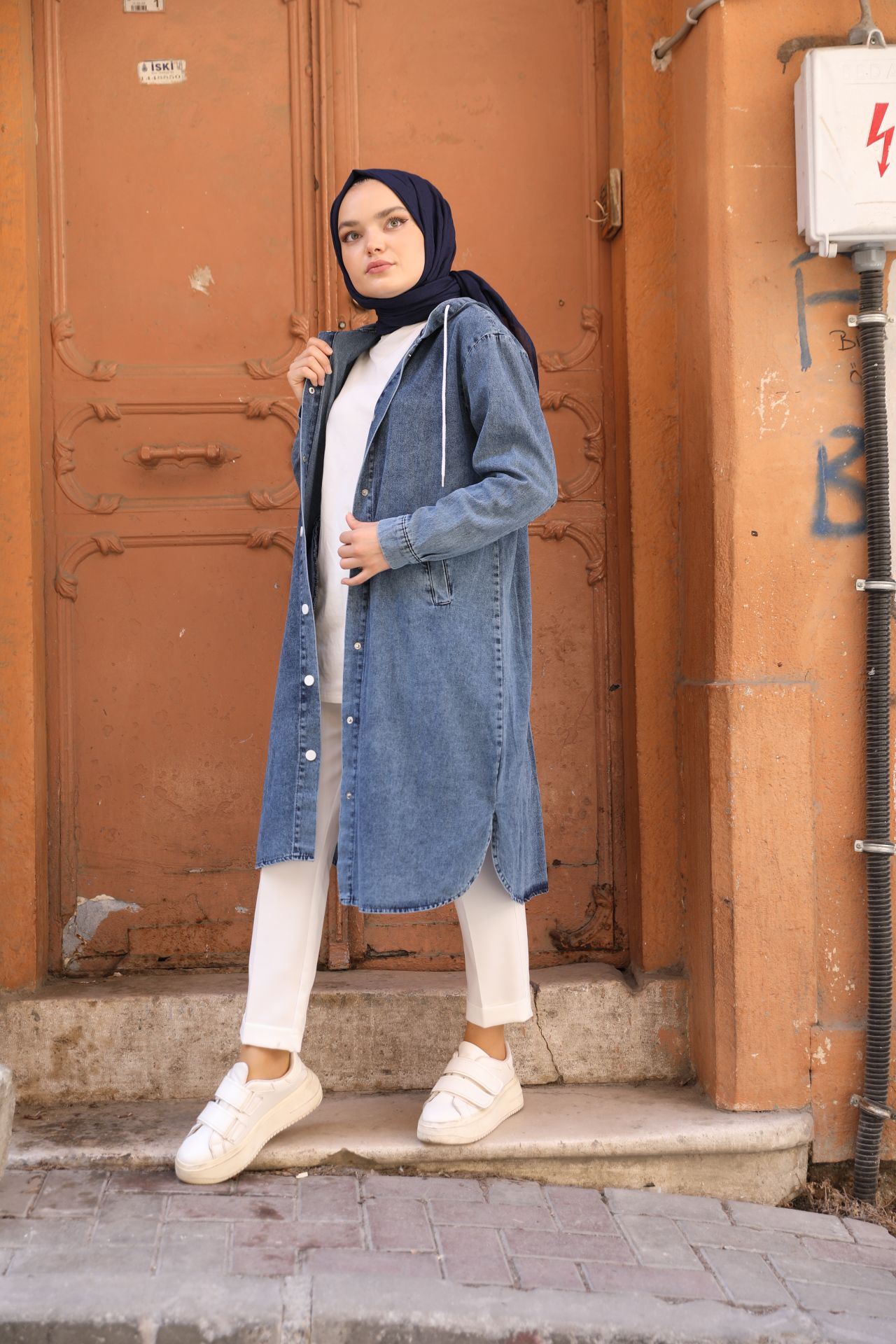 Hooded Denim Cap Blue