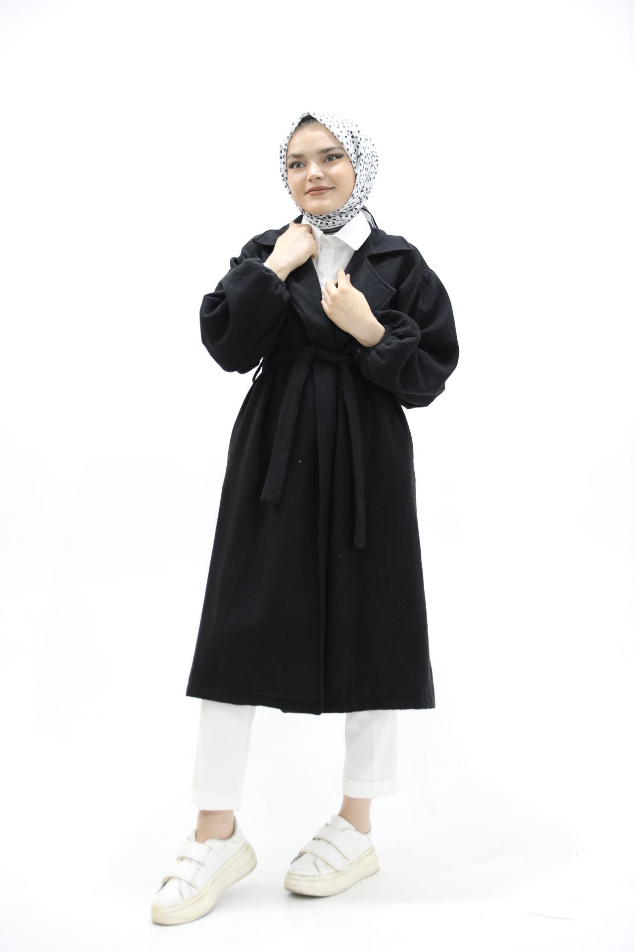 Balloon Sleeve Belted Coat Black