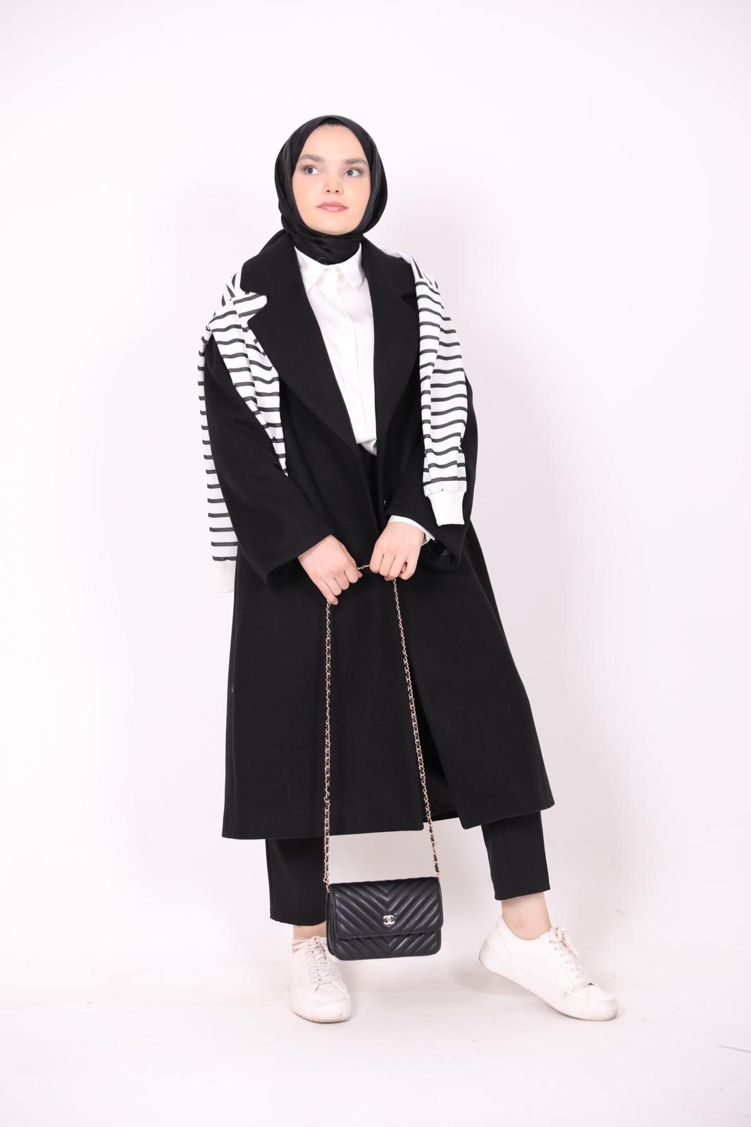 Oversized Coat with Pleated Sleeve Detail Black