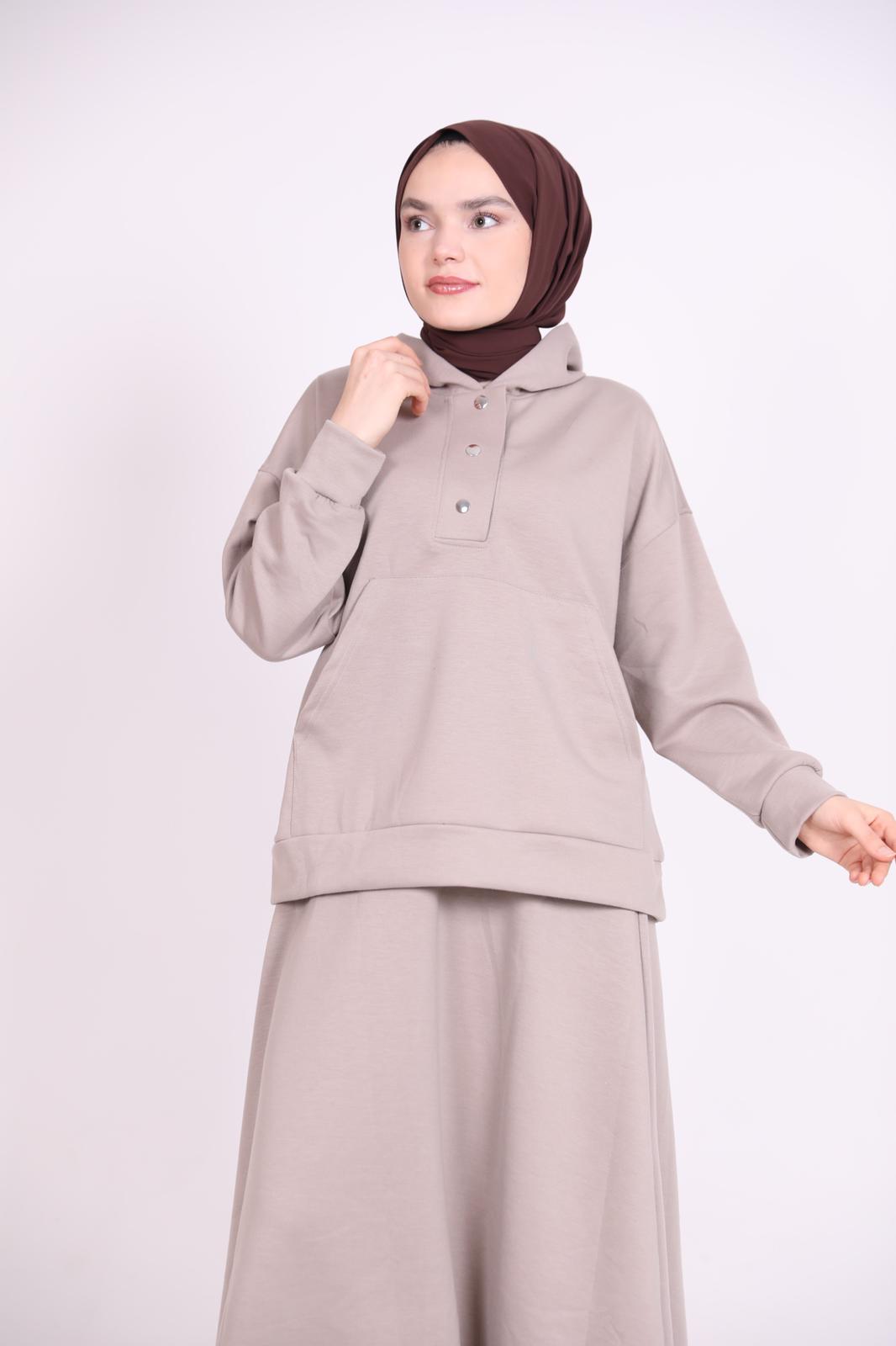 Kangaroo Pocket Hooded Skirt Suit Mink