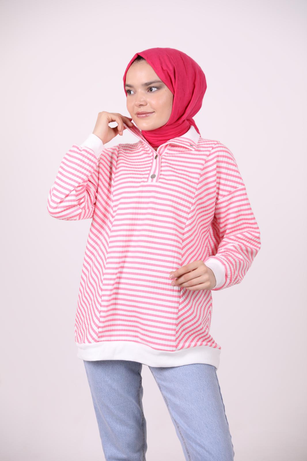 Yakası Çıtçıtlı Çizgili Sweat Pembe