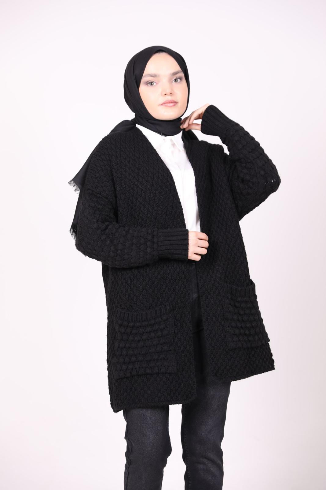 Çift Cepli Örgü Model Hırka Siyah