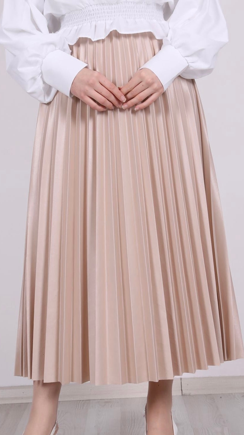 Leather Look Pleated Skirt Beige