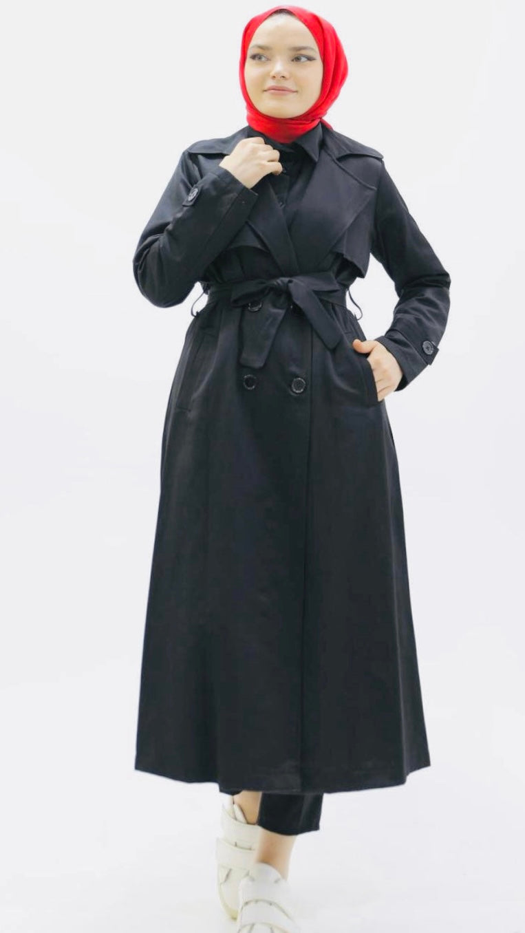 Button and Waist Lace Trench Black