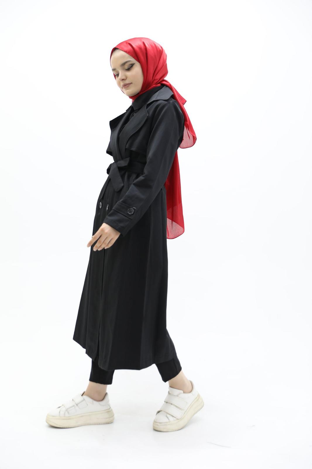 Button and Waist Lace Trench Black