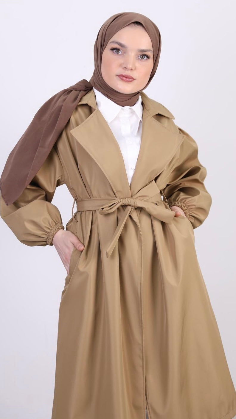 Balloon Sleeve Belted Trench Camel