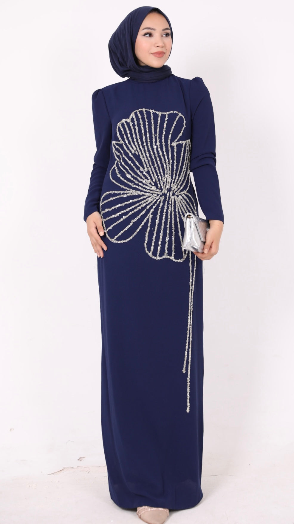 Nursema Model Yaprak Desenli Abiye Lacivert