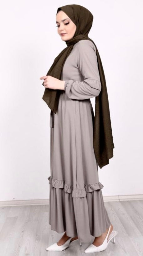 Abaya with Frilled Skirt and Sleeves Beige