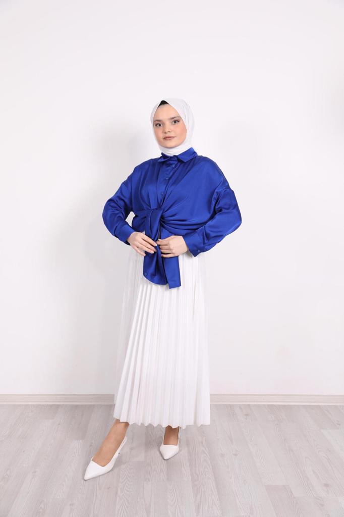Solid Color Satin Shirt Blue