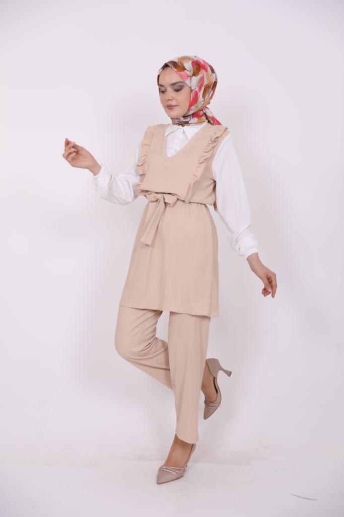 Frilly Front Shirt Detailed Suit Beige