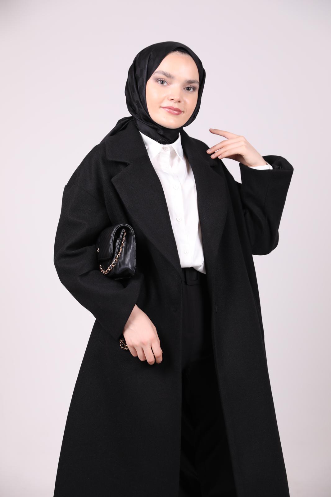 Oversized Coat with Pleated Sleeve Detail Black