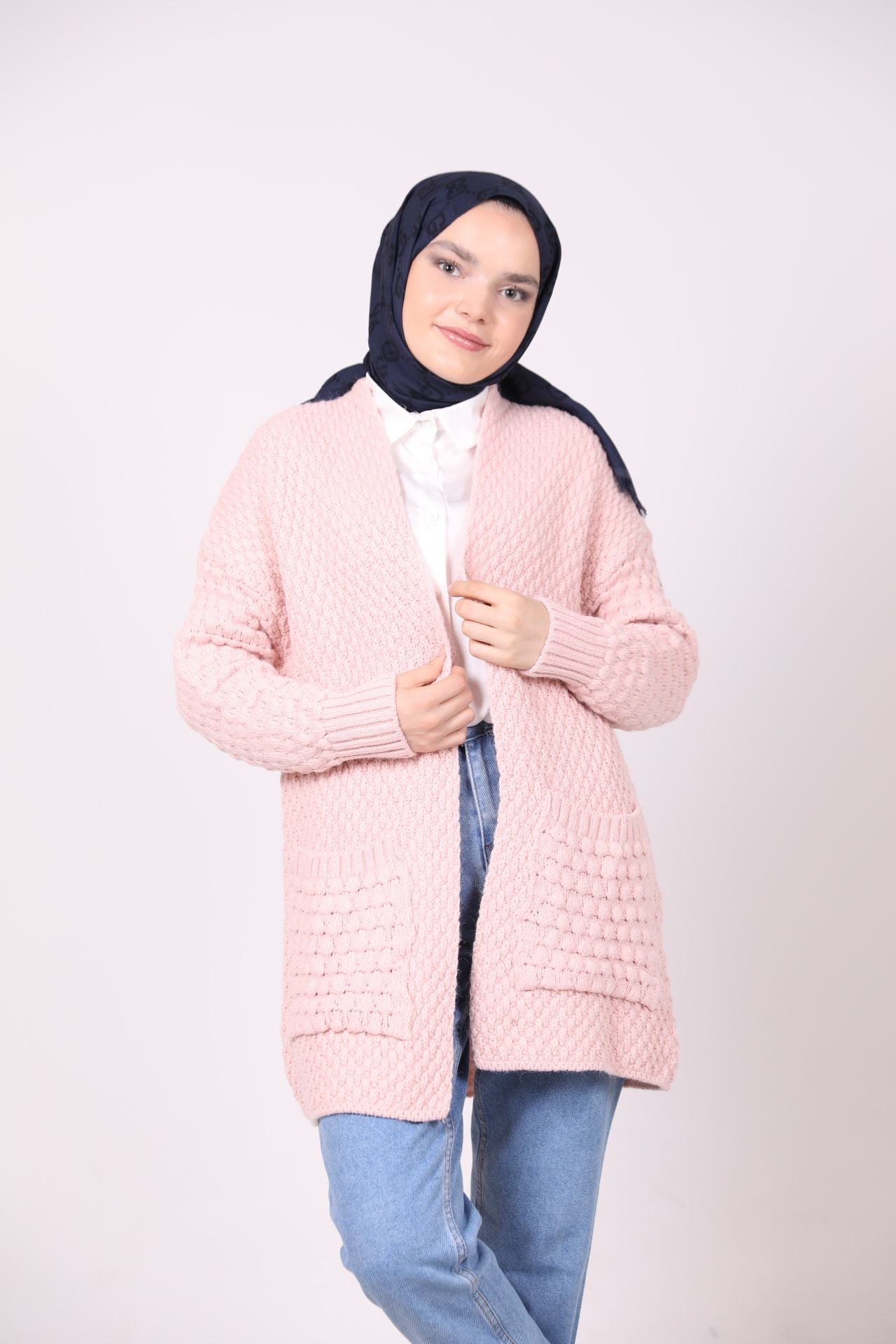Çift Cepli Örgü Model Hırka Pudra