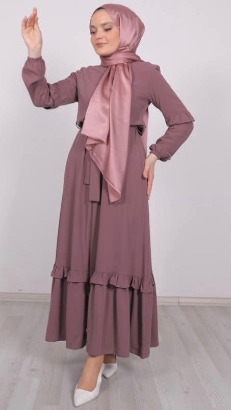 Dusty Rose Abaya with Frilled Skirt and Sleeves