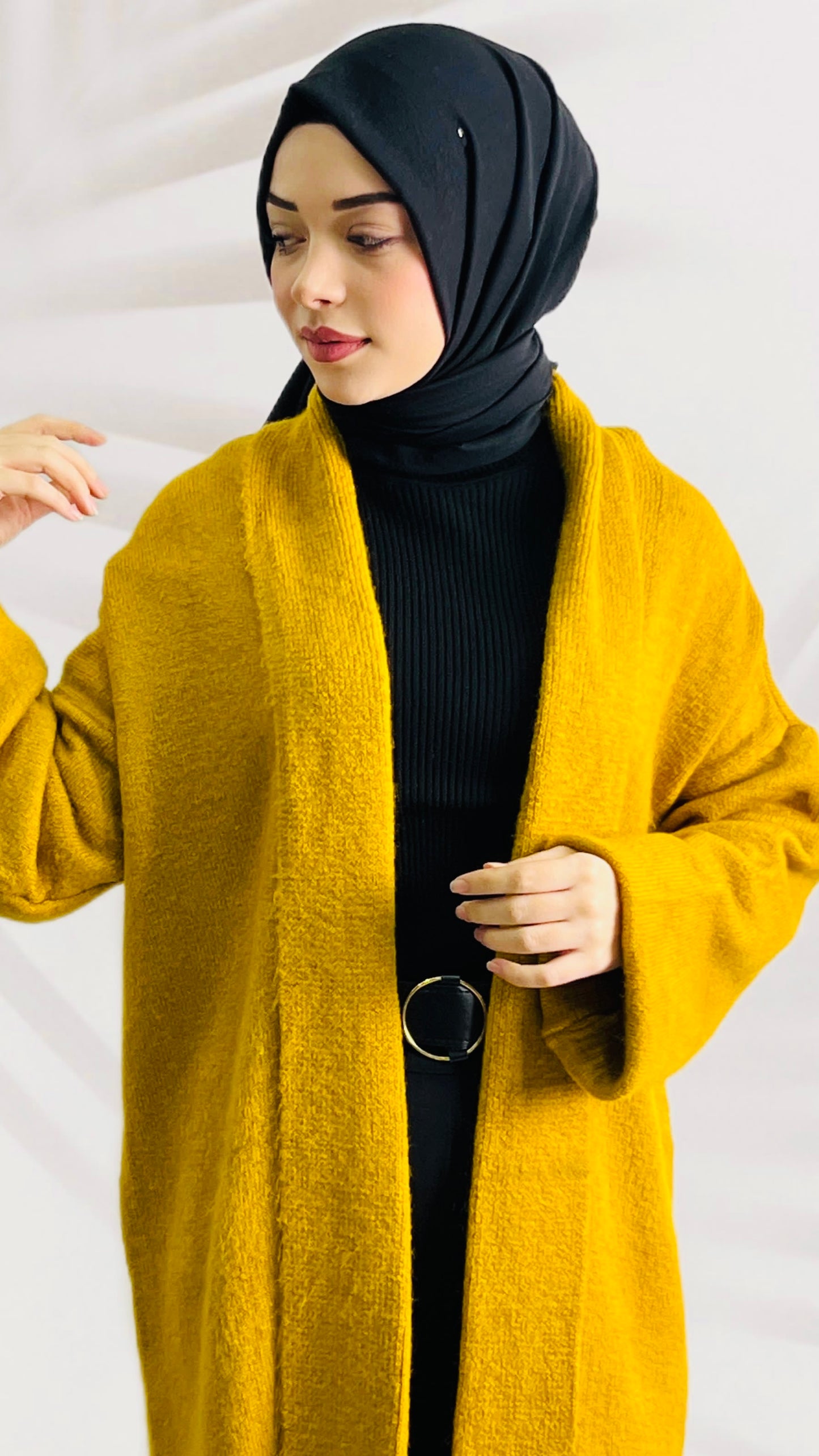 Düğmesiz Tam Boy Hırka Hardal