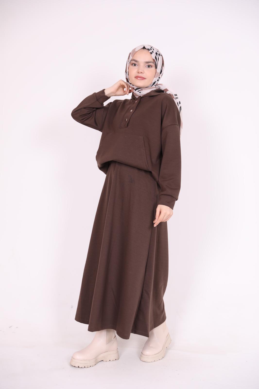 Kangaroo Pocket Hooded Skirt Set Brown