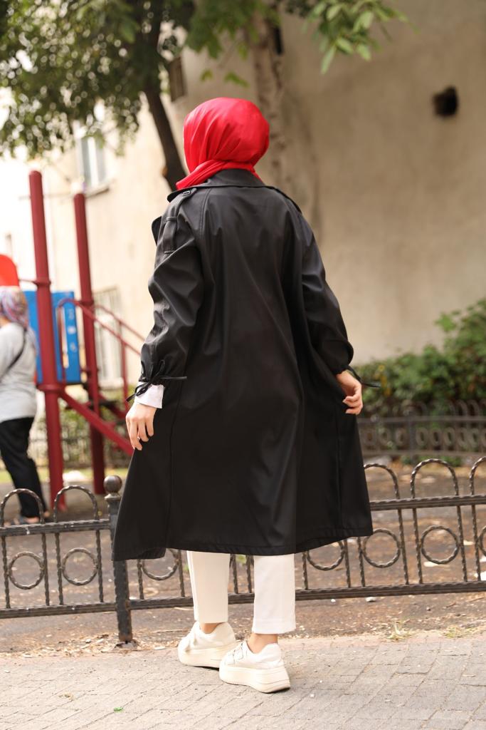 Kolları Bağlamalı Oversize Trenç Siyah