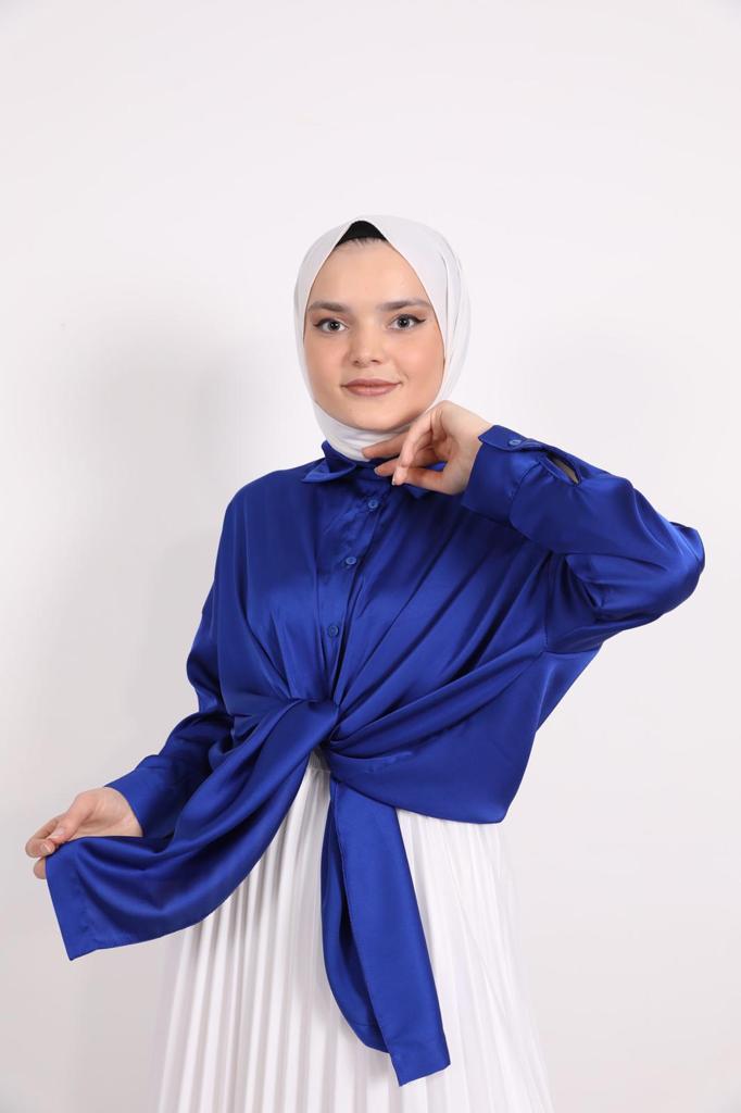 Solid Color Satin Shirt Blue