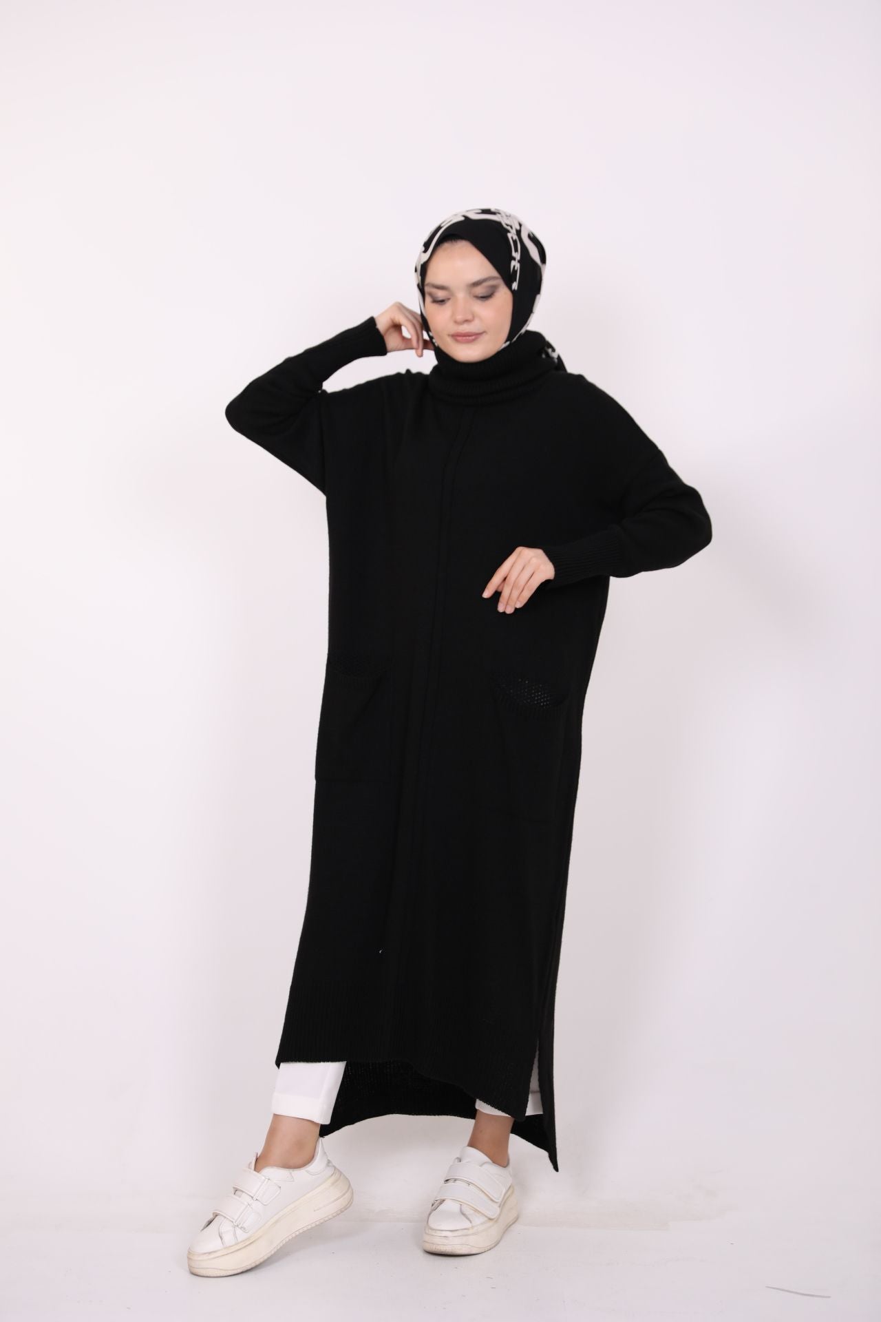 Cepli Uzun Triko Tunik Siyah