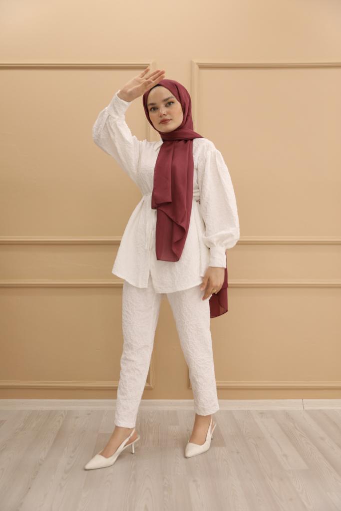 Embossed Belted Double Suit White