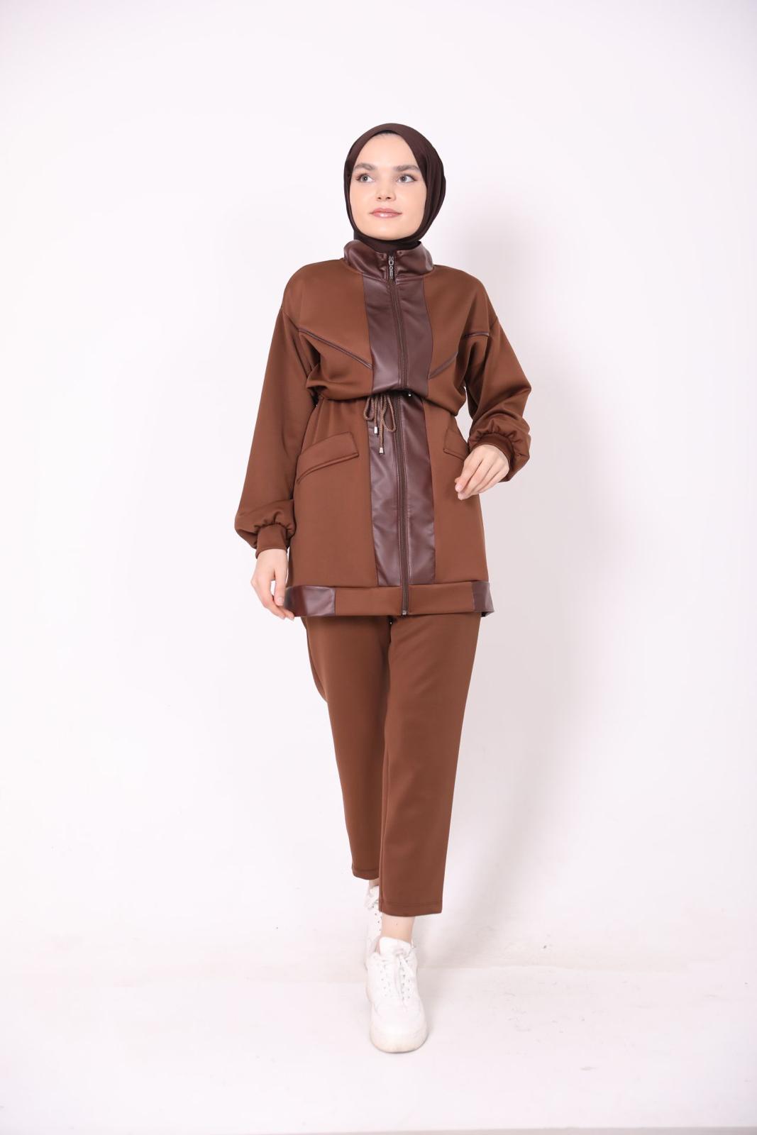 Leather Detailed Scuba Suit Brown