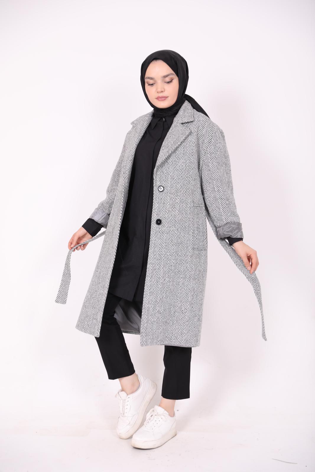 Çizgi Desen Kuşaklı Astarlı Kaban Gri