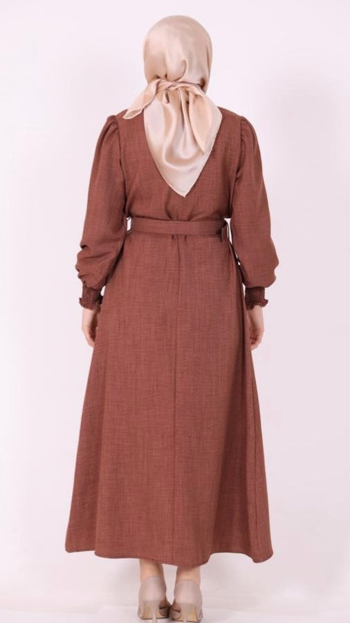Stoned Collar Belted Dress Brown