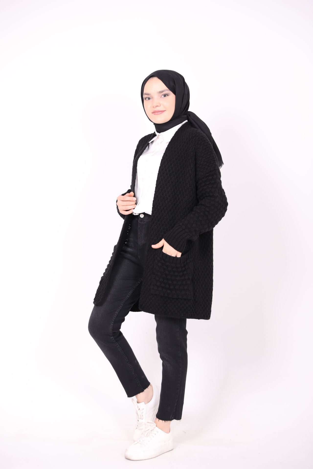 Çift Cepli Örgü Model Hırka Siyah