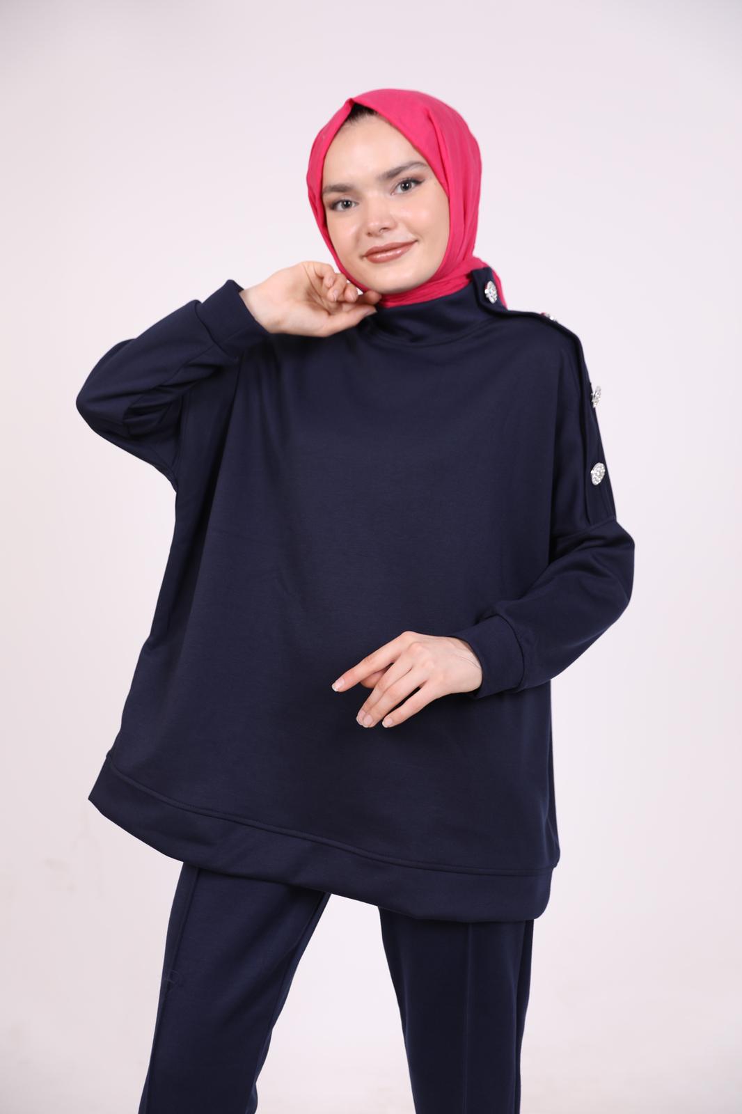 Double Suit with Stones on the Shoulder Navy Blue