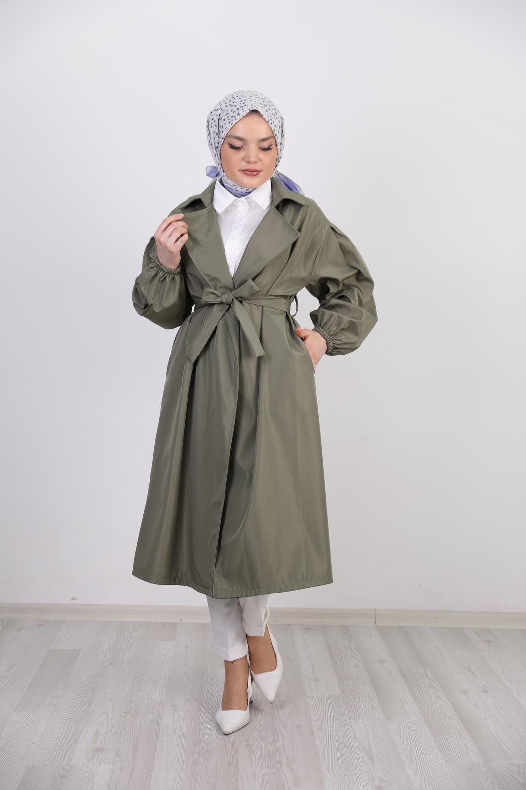 Balloon Sleeve Belted Trench Green