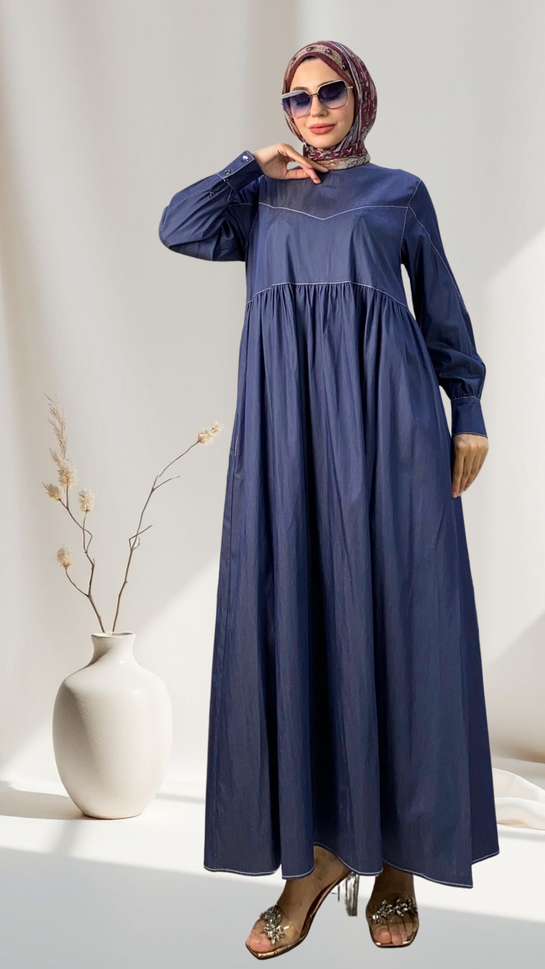 Stitching Detailed Denim Dress Blue