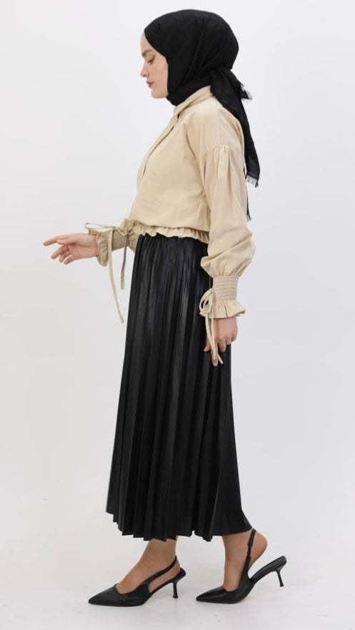 Sleeve and Waist Gathered Blouse Beige