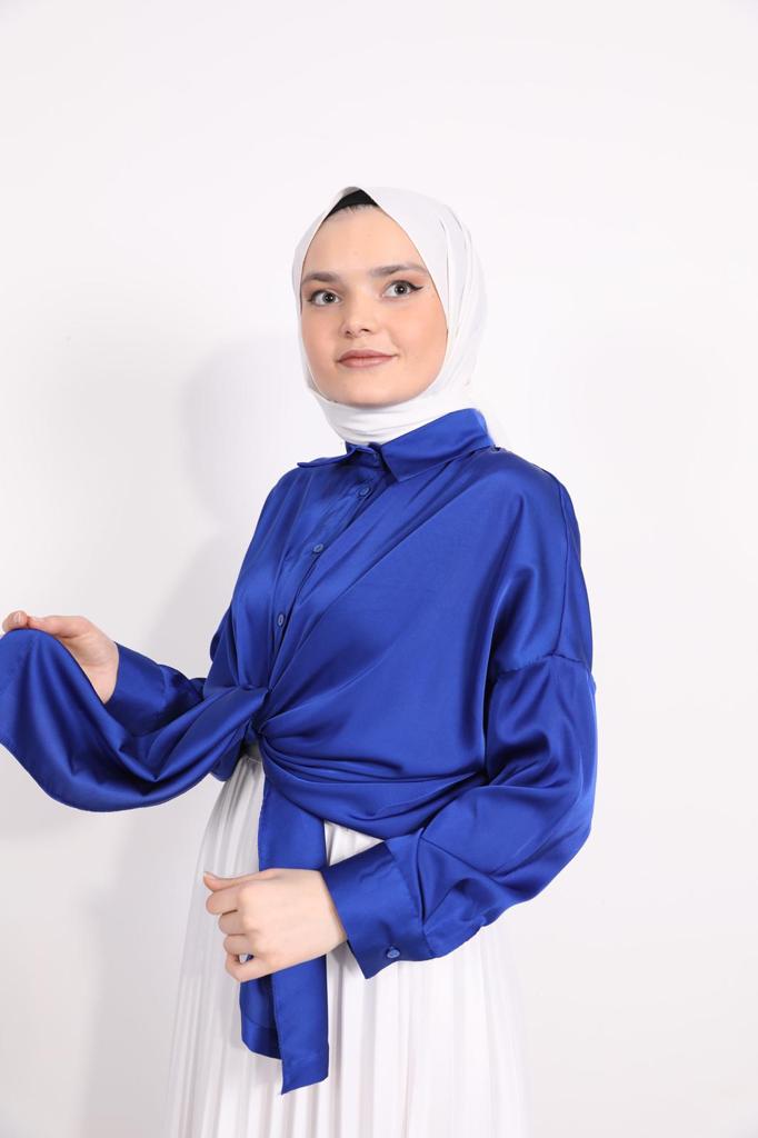 Solid Color Satin Shirt Blue