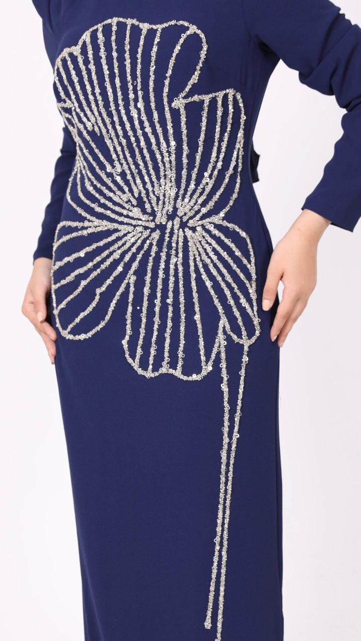 Nursema Model Yaprak Desenli Abiye Lacivert