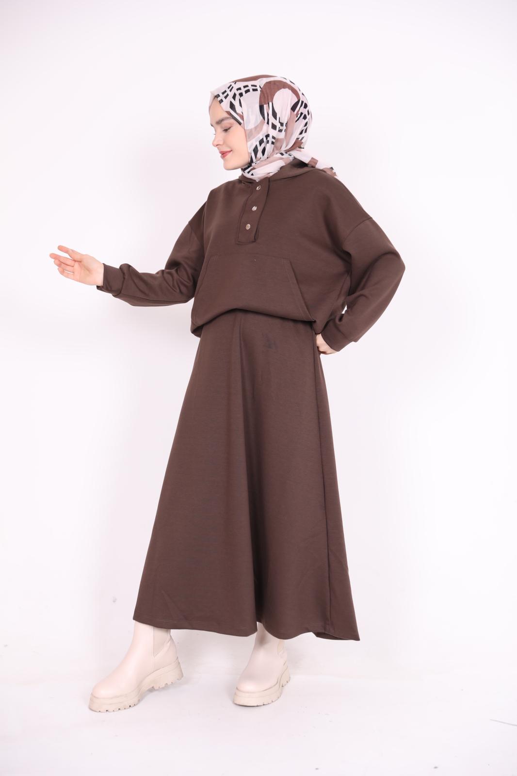 Kangaroo Pocket Hooded Skirt Set Brown