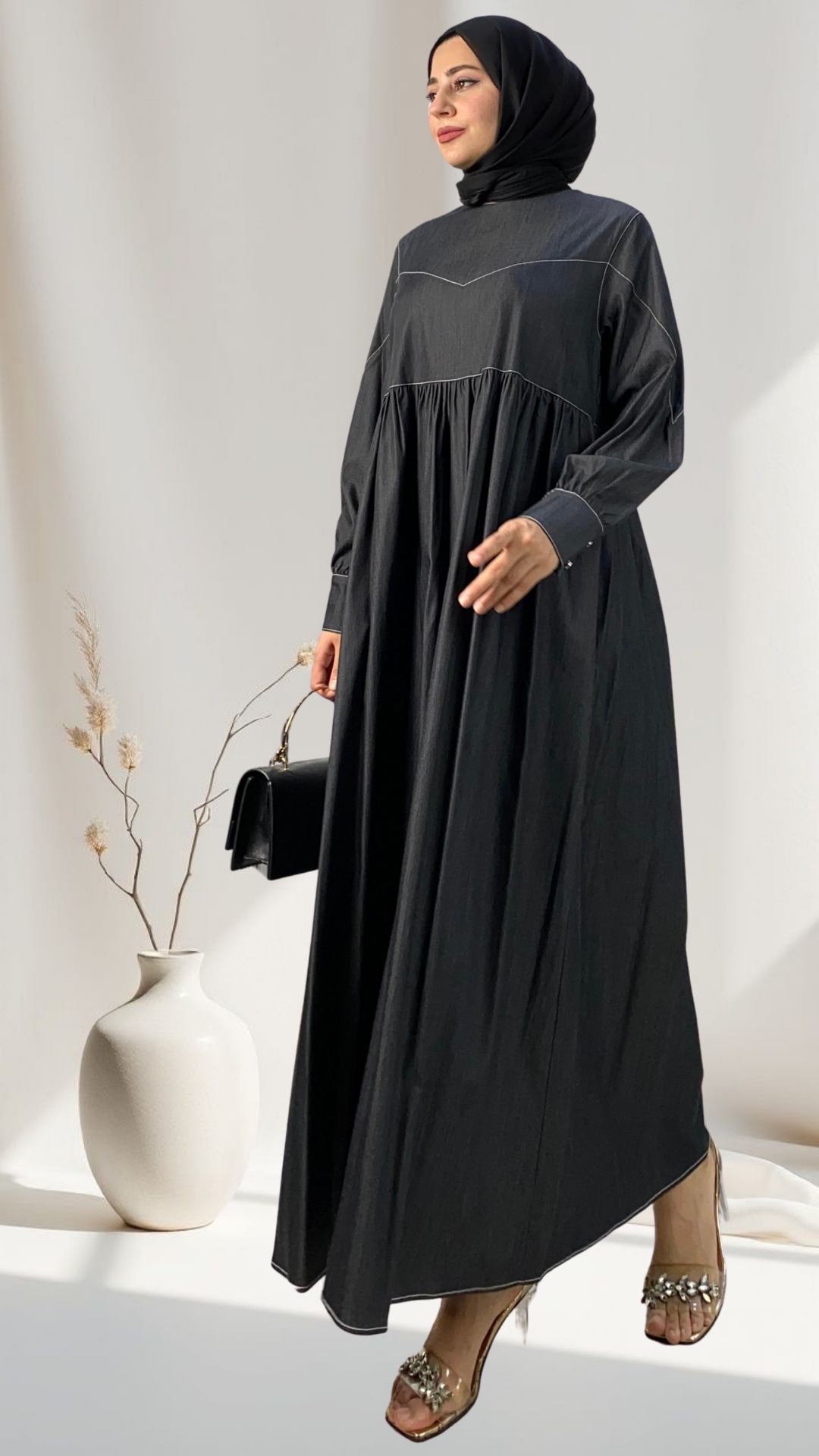 Stitching Detailed Denim Dress Black