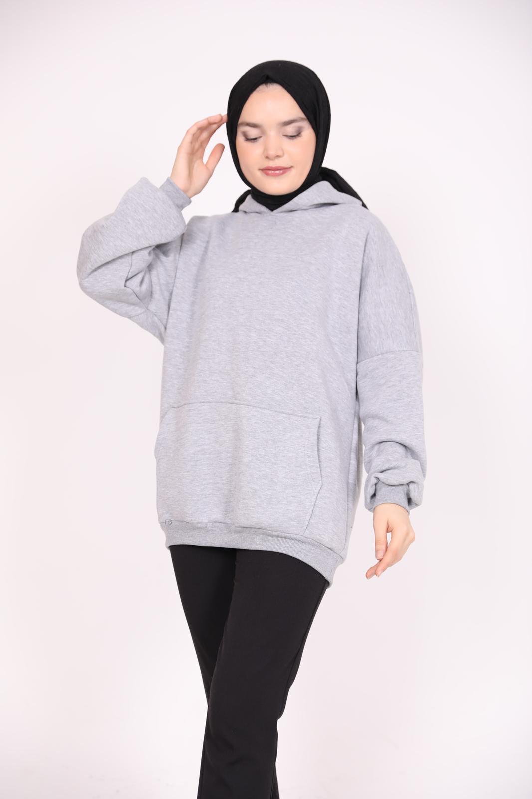 Üç İplik Kanguru Cepli Sweat Gri