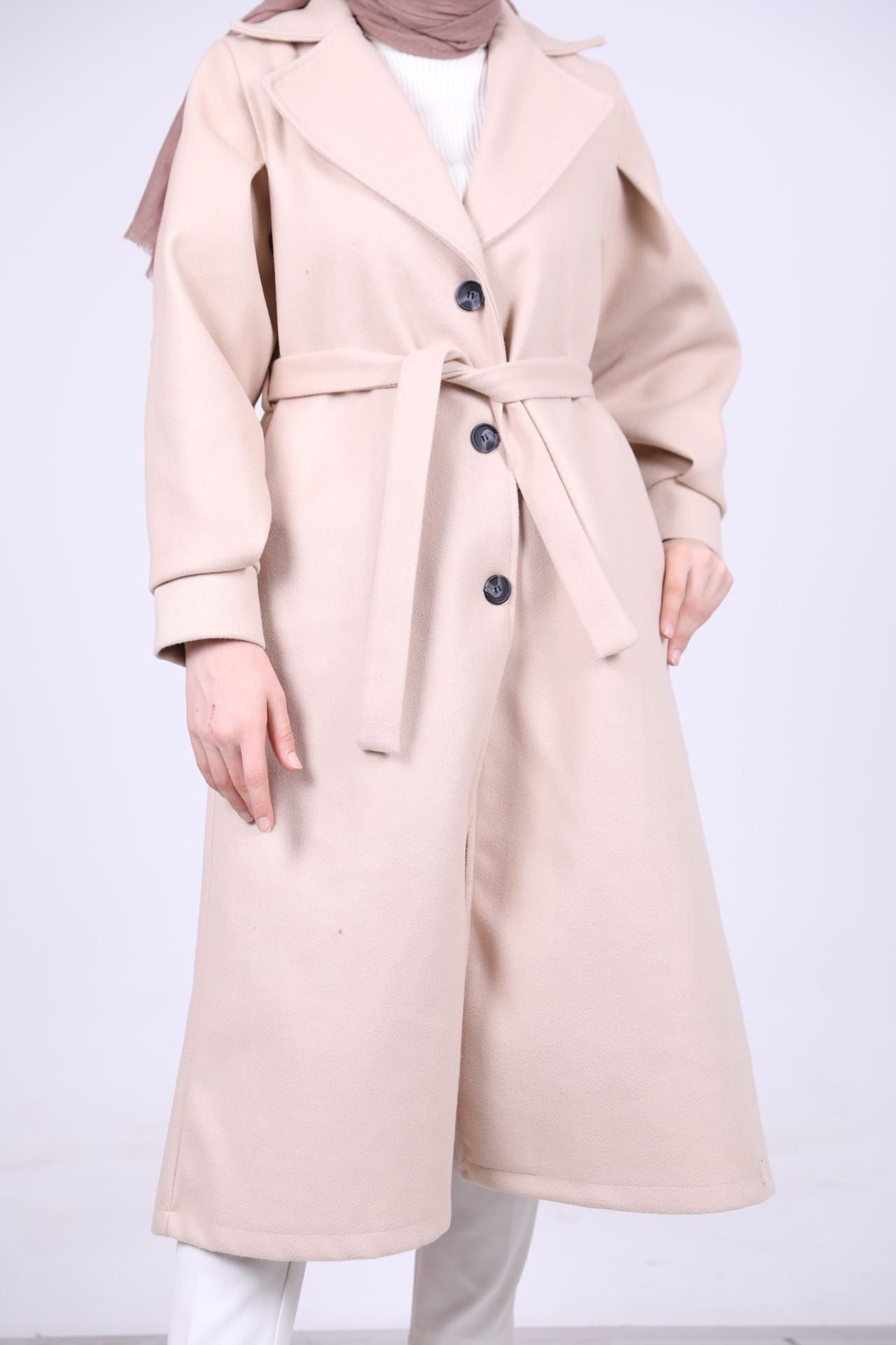 Bracelet Sleeve Belted Coat Beige