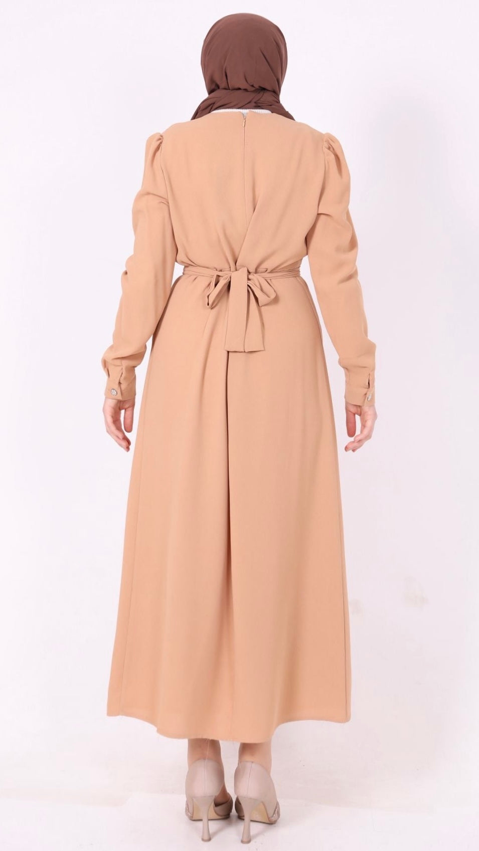 Kemerli Kalem Elbise Camel