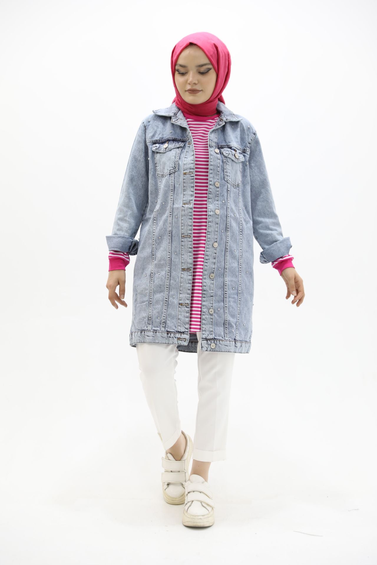 Stone Detailed Denim Jacket Blue