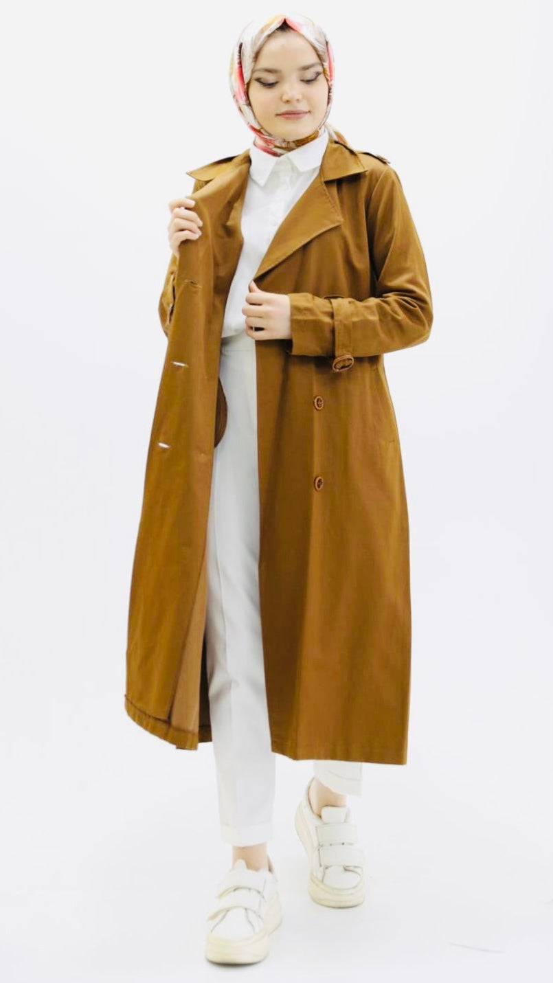 Omzu Düğme ve Beli Kuşaklı Trenç Camel