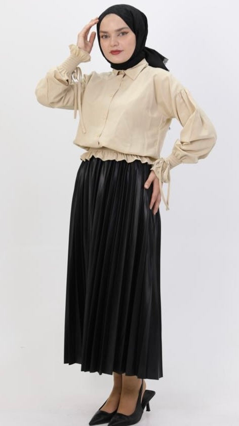 Sleeve and Waist Gathered Blouse Beige