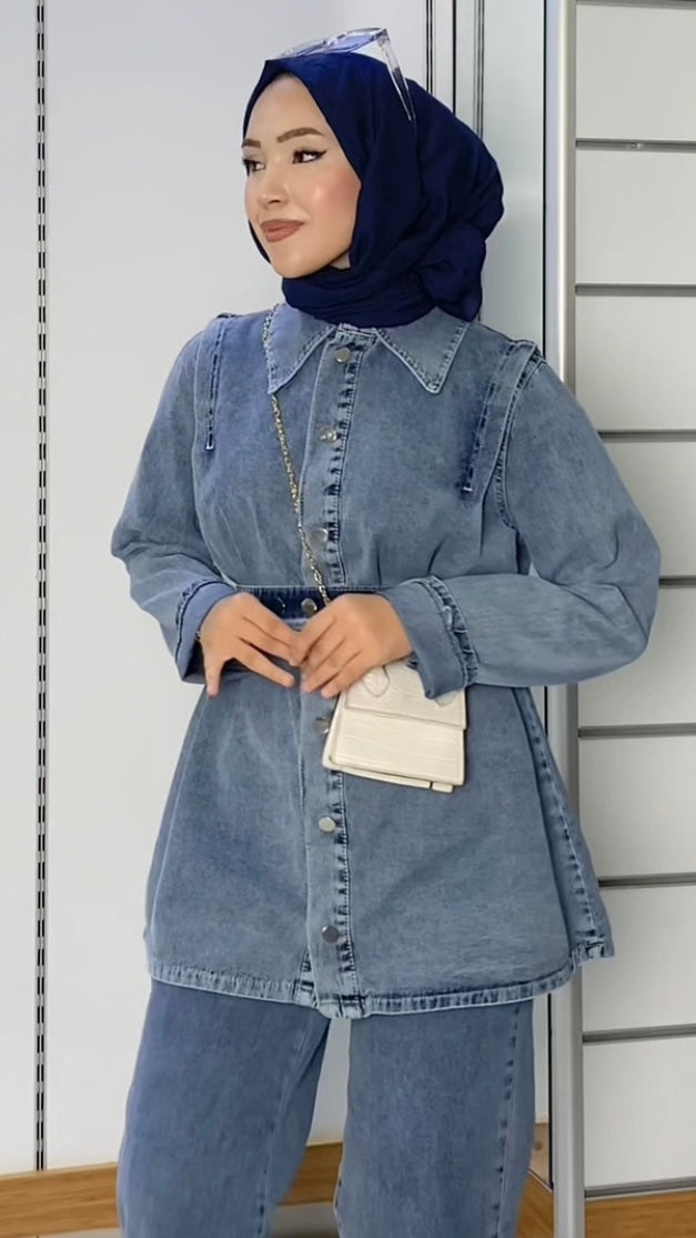 Tamboy Çıtçıtlı Pantolonlu Kot Takım Mavi