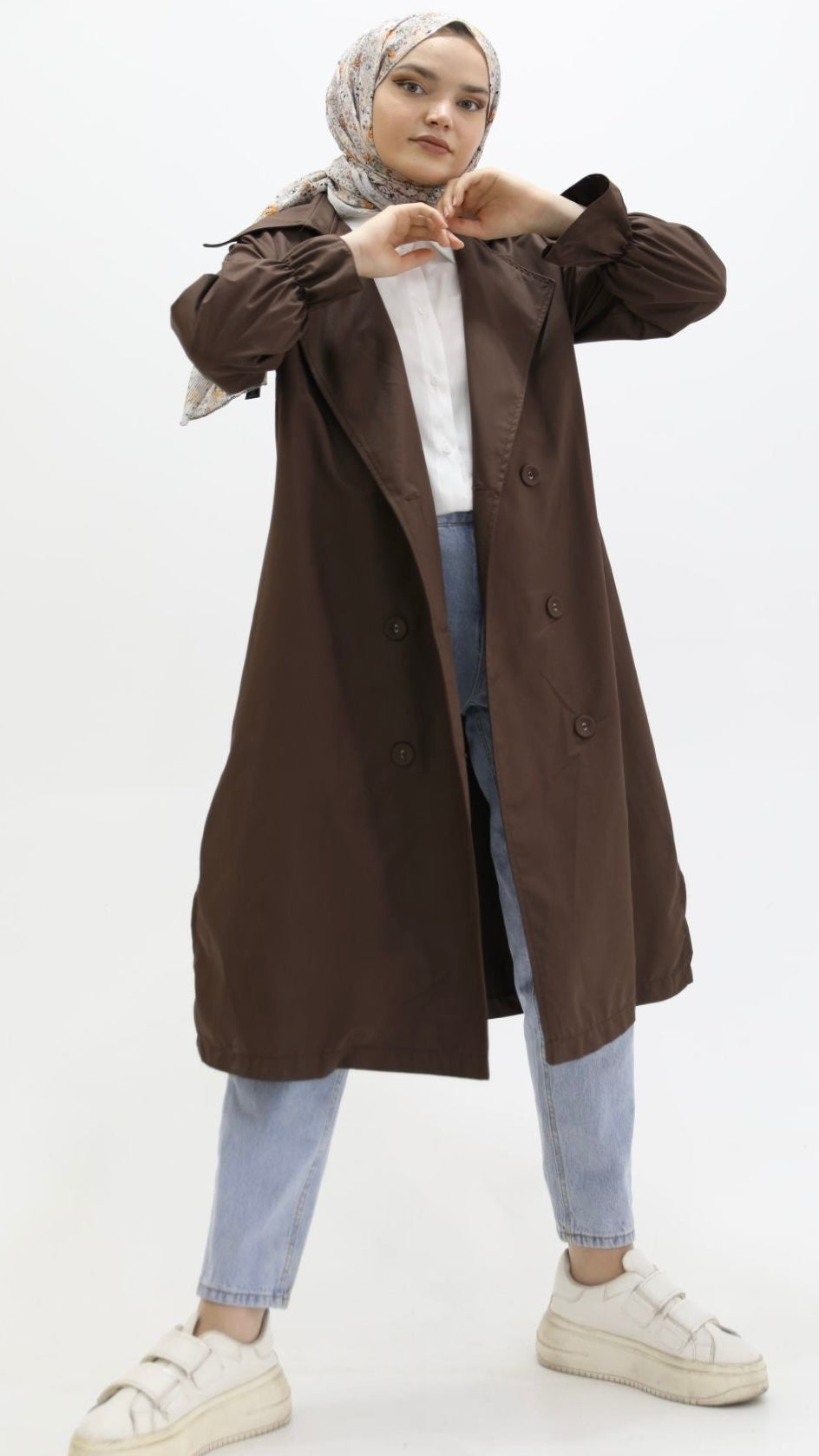 Trench Brown with Elastic Sleeves and Slit Detail