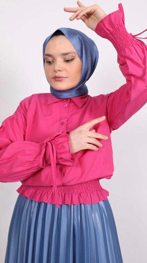 Kol ve Bel Büzgülü Bluz Pembe